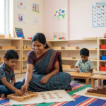 Indian female Montessori teacher in Chennai guiding young preschool children with educational learning materials in a bright classroom