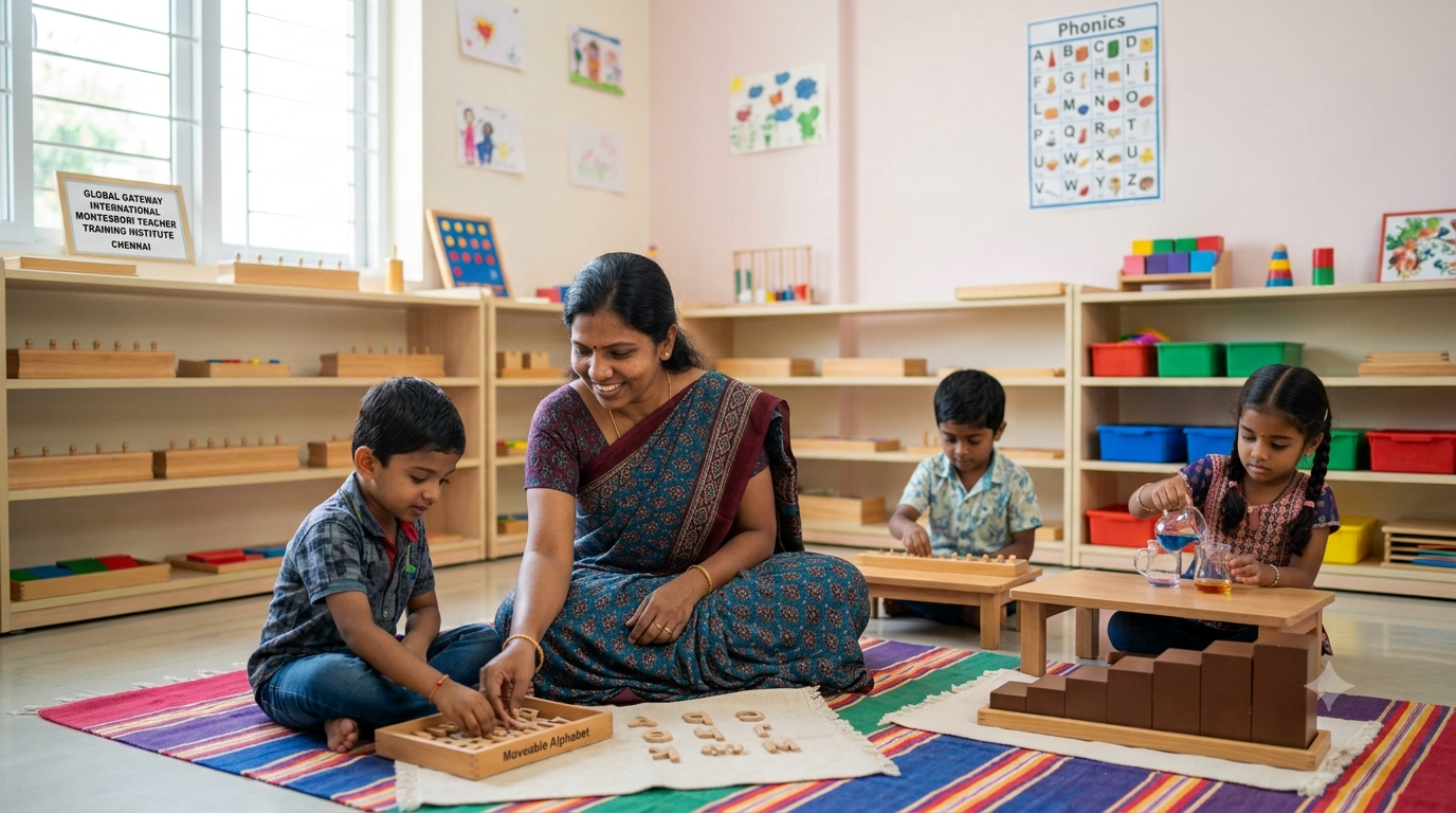 Indian female Montessori teacher in Chennai guiding young preschool children with educational learning materials in a bright classroom