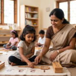 Certified Montessori teacher in Chennai guiding a young child through hands-on sensory learning materials in a prepared classroom