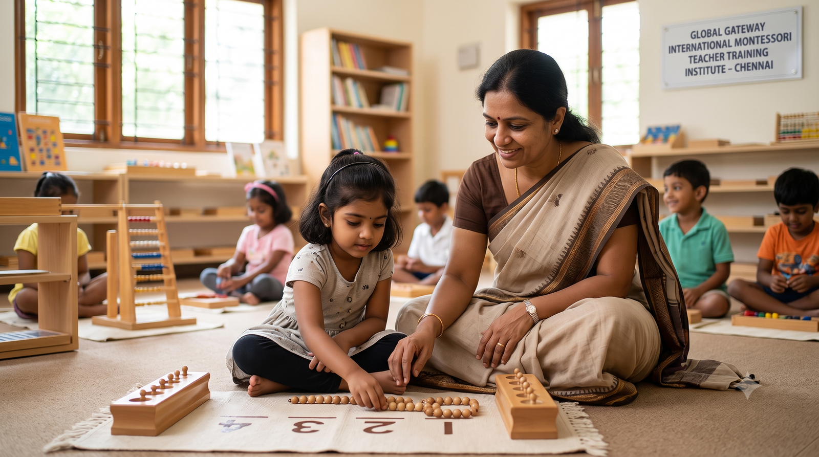 Certified Montessori teacher in Chennai guiding a young child through hands-on sensory learning materials in a prepared classroom